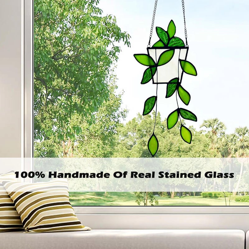 Royxen Stained Glass Window Hanging Green Plants Artificial Deocr Faux Plant Suncatchers  Gift for Plant Lover - Image 3